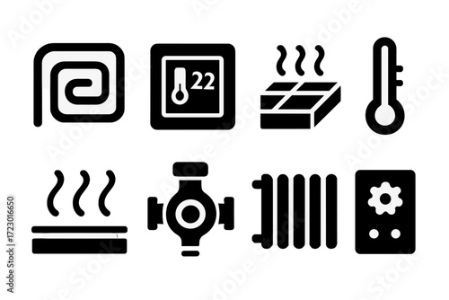 Underfloor Heating Icons. Underfloor heating. Filled icon set of Underfloor heating: heating coil, thermostat,