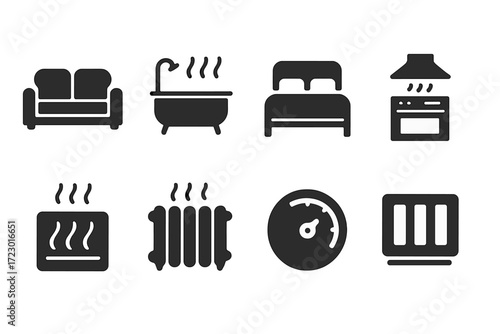 Room Heating Icons. Room heating. Filled icon set of Room heating: living room sofa, bathroom icon, bedroom