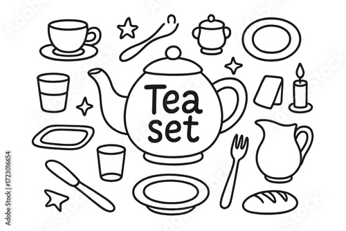 Whimsical Tea Set Doodles. Tea set. Hand-drawn doodle illustration of a tea set. In the middle, one slightly