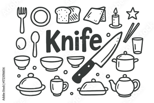 Doodle Cutlery Art. Knife. Hand-drawn doodle illustration of a knife. In the middle, one slightly larger