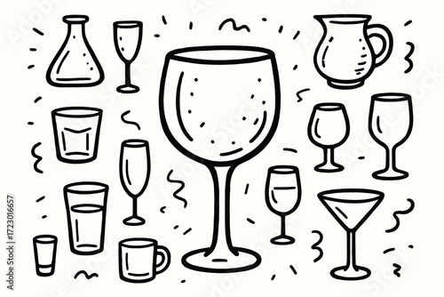 Hand-Drawn Glassware Doodle. Glassware. Hand-drawn doodle illustration of glassware. In the middle, one