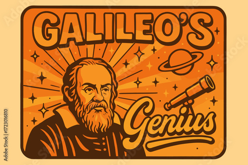 Galileo Retro Cosmic. “Galileo’s Genius”. 70s poster vibe, warm gradient fills, thick outlines, offset shadows