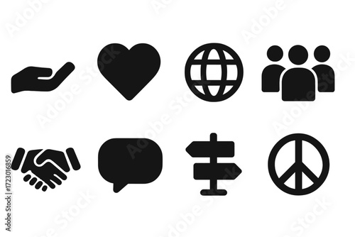 Freedom Icons Collection. Freedom of belief. Filled icon set of Freedom of belief: open hand, heart symbol,