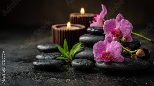 Tranquil Spa Arrangement with Stones, Candles, and Fresh Orchids