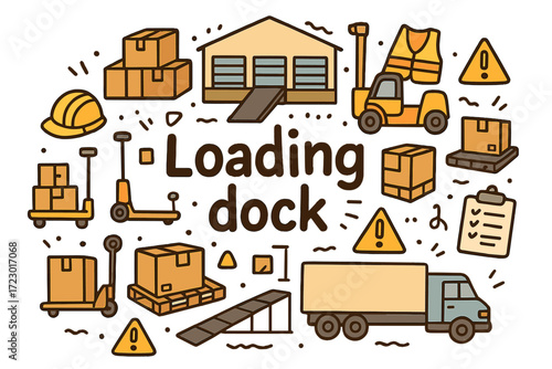 Loading Dock Doodle. Loading dock. Hand-drawn doodle illustration of Loading dock. dock doors, pallets, boxes,