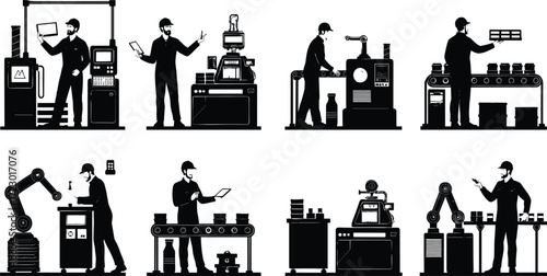 Industrial automation, human workers, robotic arms, tablet control, manufacturing process, quality inspection, packaging logistics, bottling line, CNC machine, factory technology