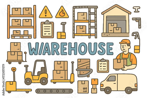 Warehouse Doodle Illustration. Warehouse. Hand-drawn doodle illustration of Warehouse. shelving racks, pallets