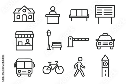 Scenic Train Ride Icons. Taking a scenic train ride through picturesque countryside. Line outline icon set of