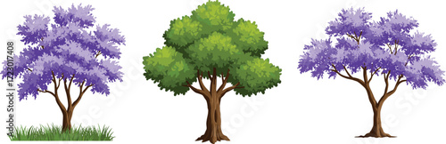 Purple foliage tree illustration, lush green deciduous tree artwork, exotic landscape plants, colorful botanical vegetation, tropical nature drawing, detailed seasonal tree design