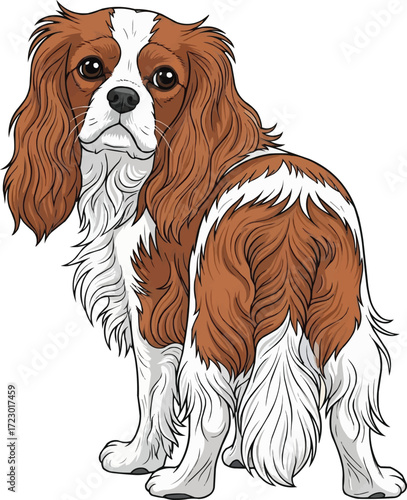Cavalier King Charles Spaniel dog standing looking back illustration