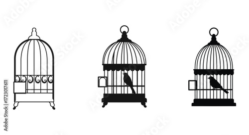 Three decorative birdcages with birds a striking black and white silhouette