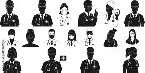 Medical professionals silhouette illustration, doctors and nurses teamwork, healthcare workers, hospital staff, stethoscope, medical attire, clinic service, patient care, medicine