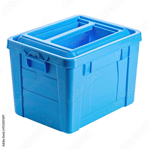 A light blue plastic storage container with a divided top section and side handles