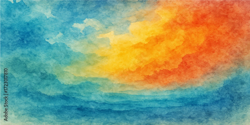 Abstract watercolor sky background in beautiful blue, orange, and yellow hues with a vibrant cloudscape at sunset