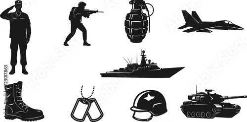 Military silhouettes, soldier saluting, combat stance, rifle, grenade, fighter jet, tank, warship, helmet, dog tags, boots, defense, army