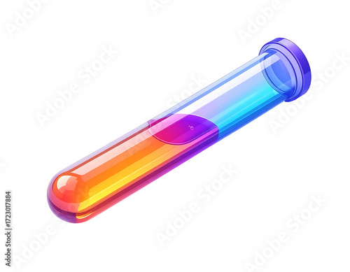 A vibrant, gradient-filled test tube angled, showcasing a dynamic blend of orange, pink, purple, and blue liquids