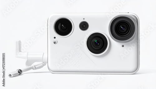 White rectangular camera with three lenses and an attached accessory