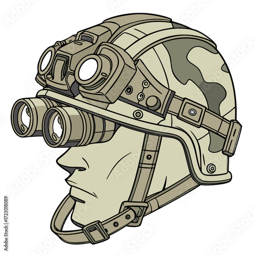 Military helmet art, camo tactical gear with night vision goggles, perfect for army illustration. Bold hand-drawn design features rugged straps, ideal for defense or combat graphics.