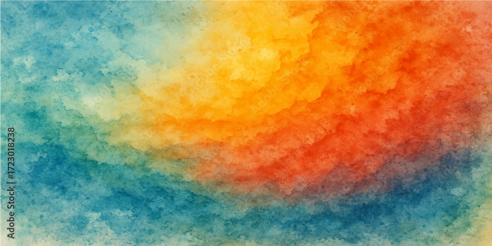 An abstract watercolor background with fiery orange and yellow paint texture, resembling a colorful explosion of smoke against a light blue sky