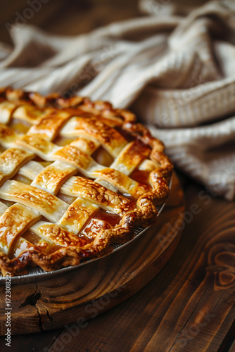 Close up of a freshly baked apple pie with lattice crust design