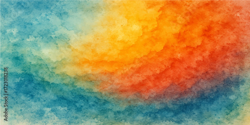 An abstract watercolor background with fiery orange and yellow paint texture, resembling a colorful explosion of smoke against a light blue sky