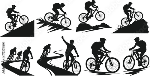 Mountain biking silhouettes with cyclists riding, jumping, climbing, racing, extreme sports action, outdoor adventure, rugged terrain, competition, lifestyle, fitness, recreation illustration