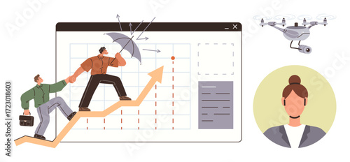 Two professionals climbing a rising graph line amid challenges, utilizing teamwork and leadership, a quadcopter symbolizing innovation, and a businesswoman icon. Ideal for teamwork, leadership, growth