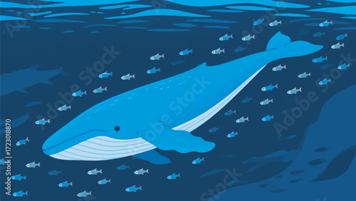 Illustration Of A Giant Blue Whale Swimming Gracefully In The Dark Blue Ocean With A School Of Small Fish Surrounding It Vector Design Template