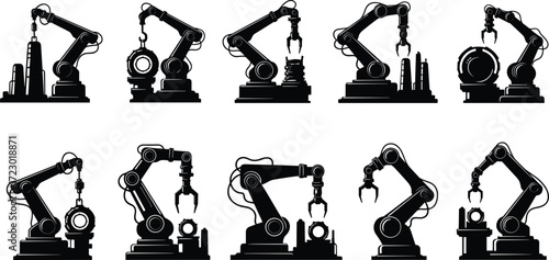 Robotic arm silhouettes, industrial automation, manufacturing machines, assembly line, mechanical engineering, factory equipment, automation technology, precision tools, production process, innovation