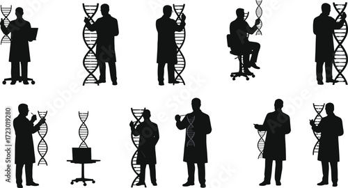 Scientists silhouettes with DNA double helix, genetics research illustration, molecular biology artwork, biotechnology design, DNA analysis and science concept