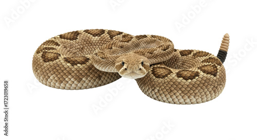 Isolated Rattlesnake coiled up ready to strike a pose outdoors in an attractive pattern