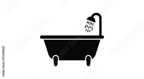 Black and white bathtub with showerhead a simple graphic silhouette