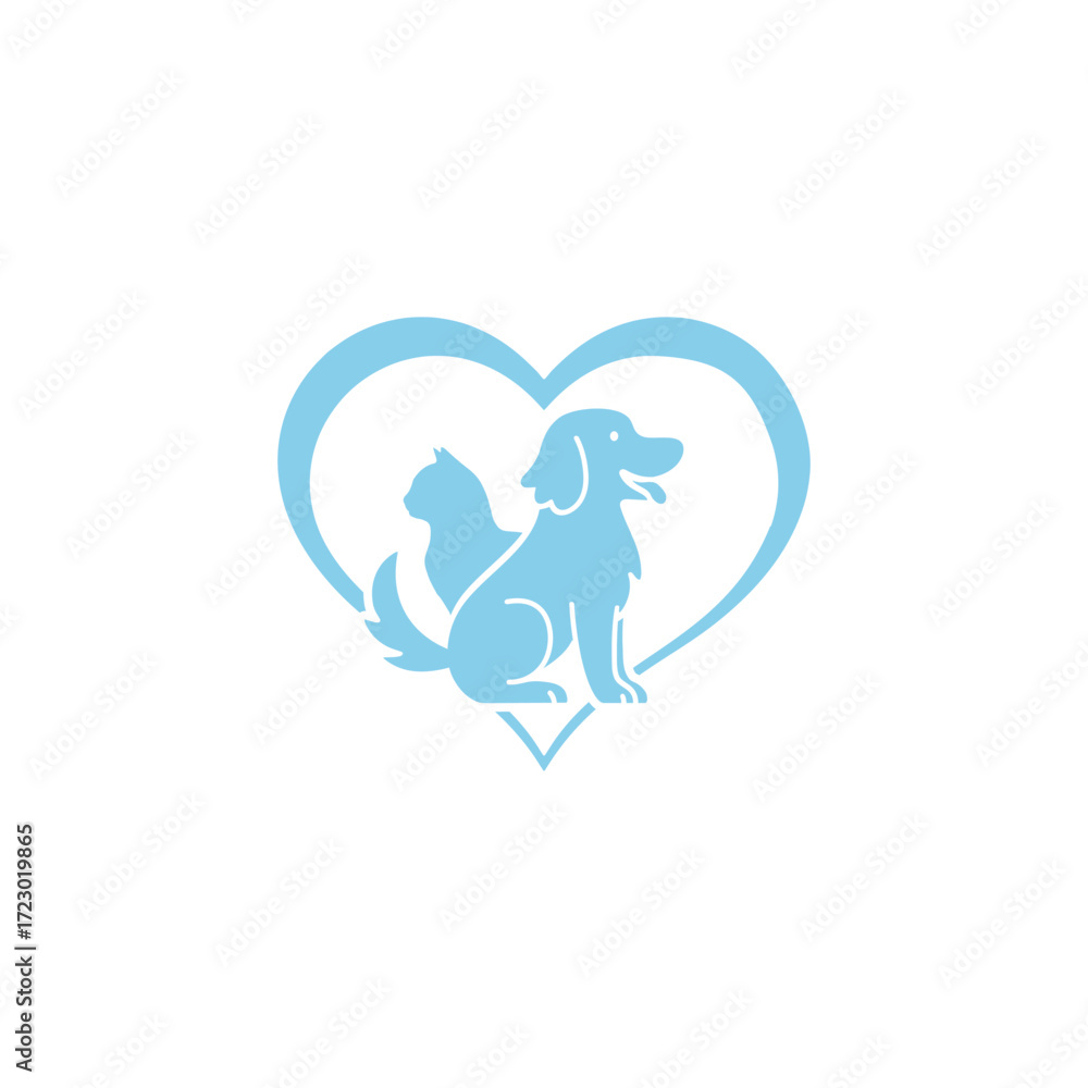 Obraz premium A light blue silhouette of a cat and a dog sitting together inside a heart-shaped frame on a white background.