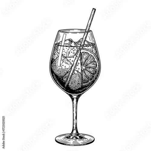 Spritz or limoncello cocktail vector illustration in sketch style. Hand drawn line art for menu and recipes. Monochrome engraving of traditional Italian aperitif.	