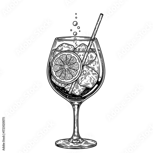 Spritz or limoncello cocktail vector illustration in sketch style. Hand drawn line art for menu and recipes. Monochrome engraving of traditional Italian aperitif.	