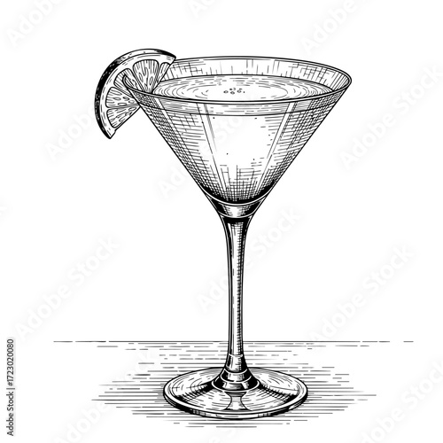 A cocktail in a martini glass, black and white vector illustration in sketch style. Cosmopolitan retro engraving for bars and menus. The drink is garnished with a lime wedge and zest.