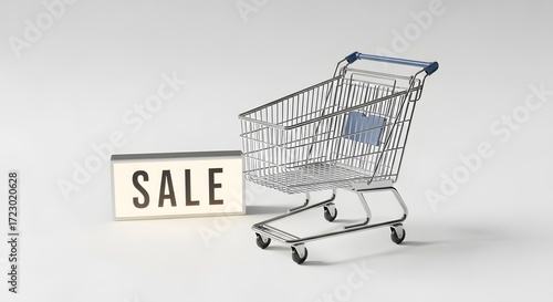 Empty Shopping Cart with Sale Sign Retail Discount and Consumerism Concept