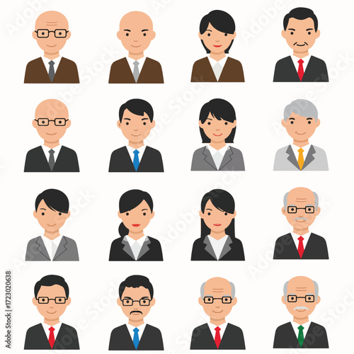 Diverse Group of Business People Avatars in Formal Attire Flat Vector Illustration.