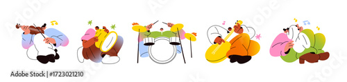 Set of musicians playing musical instruments. Artists perform with guitar, drum, fiddle, saxophone, trumpet and violin in live jazz concert. Flat isolated vector illustrations on white background