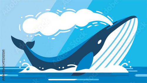 Illustration Of A Fin Whale Surfacing Spouting High Water Vector Design Template