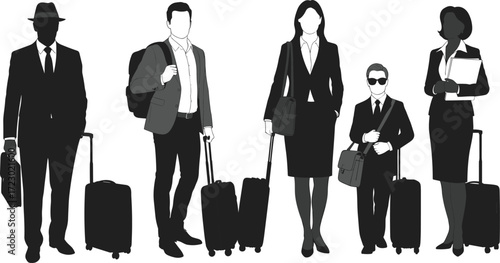 Silhouette business travelers with luggage, corporate travel, airport journey, professional mobility, teamwork, leadership, success, office lifestyle, global business, transportation