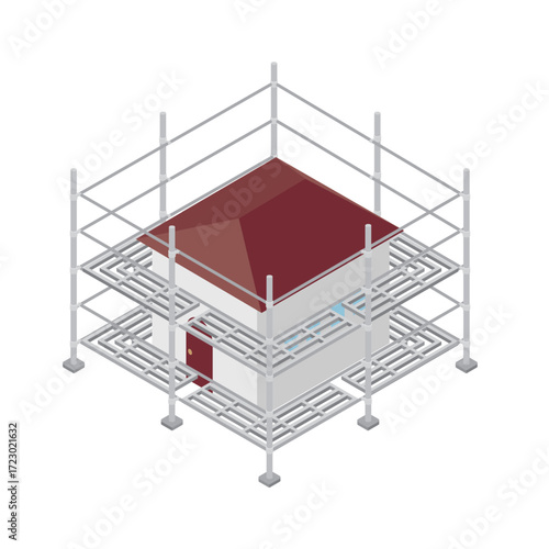 家を囲う建設用足場（アイソメトリックイラスト）