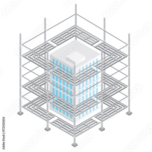 ビルを囲う建設足場のアイソメトリックイラスト