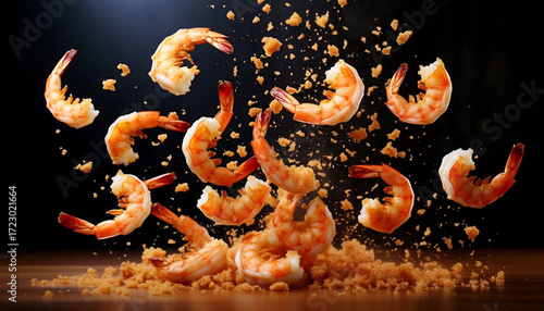 Shrimp with crispy bread crumbs suspended in midair on black background, vibrant orange and white tones, ideal for seafood advertising, restaurant menus, culinary blogs, and social media content.