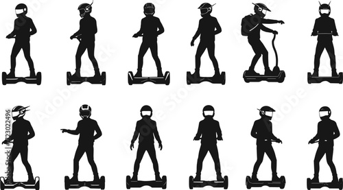 Silhouette people riding hoverboards, electric scooters, futuristic unicycles, personal mobility devices, technology, innovation, urban transport, modern lifestyle, eco travel, safety