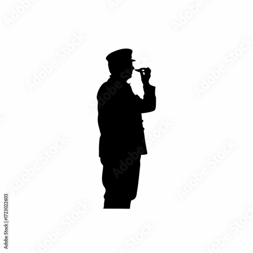 Silhouette of parole officer testing alcohol breath analyzer on white background