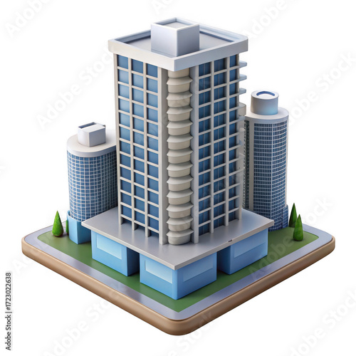 3d modern office buildings with glass facades isolated on transparent background