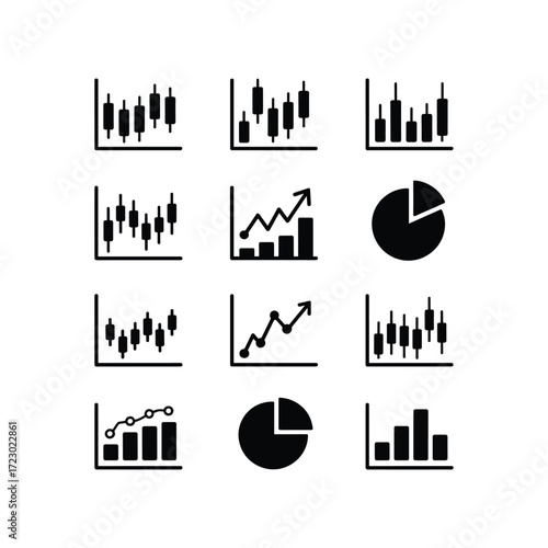 Collection of financial trading candlestick charts and data analysis graphs icons set