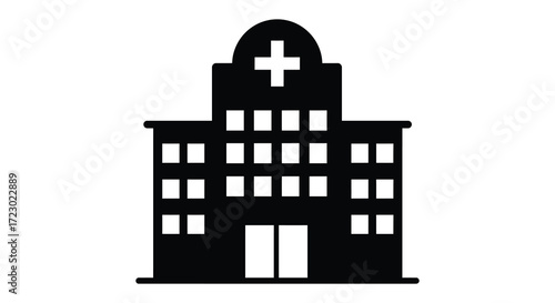 Simple hospital building outline with a plus sign a dark silhouette