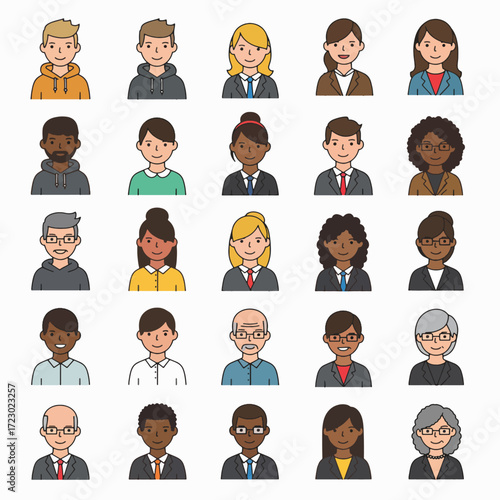 Diverse Group of Cartoon Business People with Various Hairstyles and Skin Tones 1.